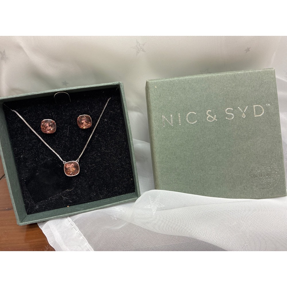 Nic & Syd Swarovski Crystal Necklace and Earring Set Cushion Cut Smoky Topaz